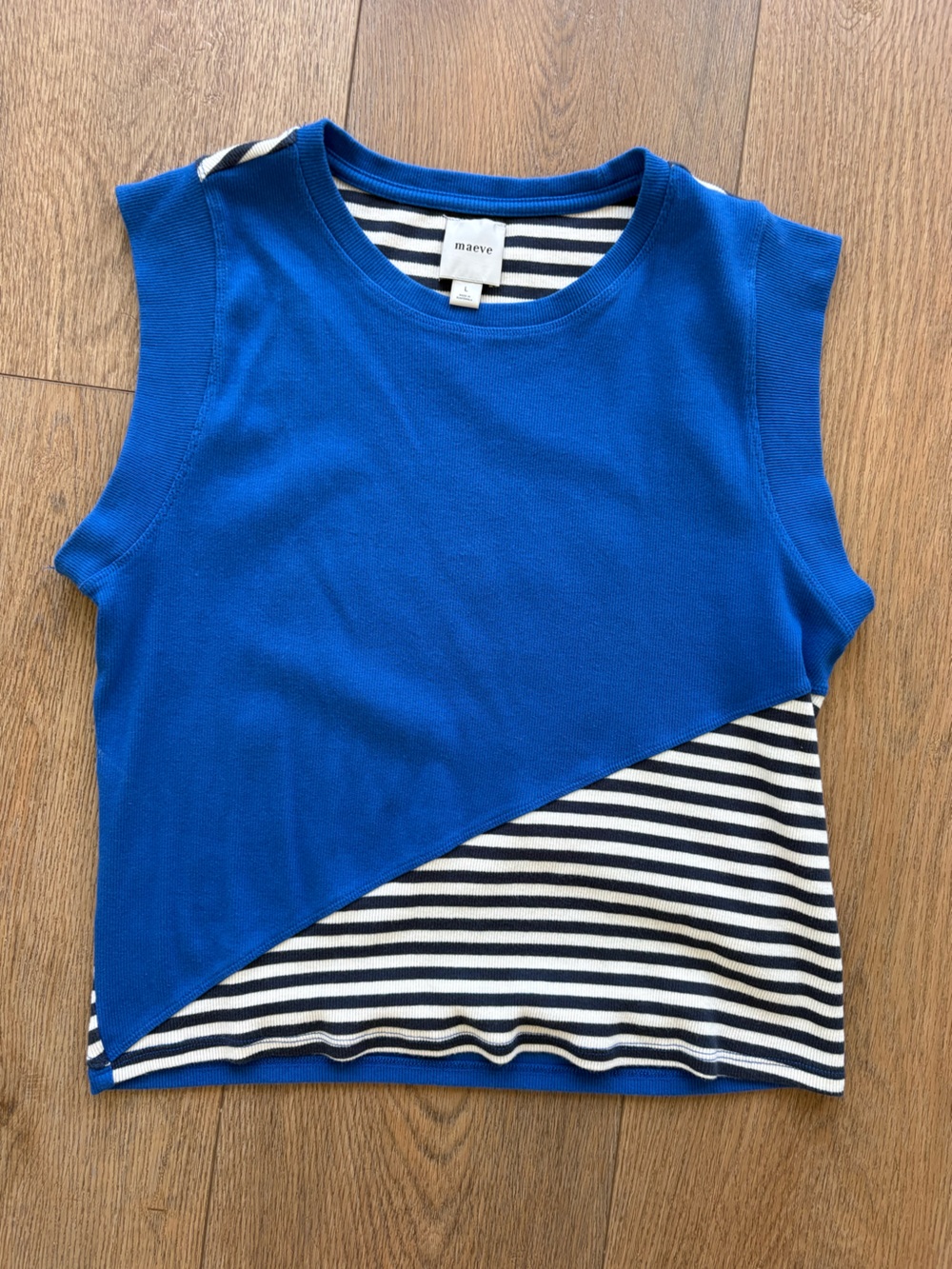 Maeve Royal Blue Crop Top with Black & White Striped Sleeve